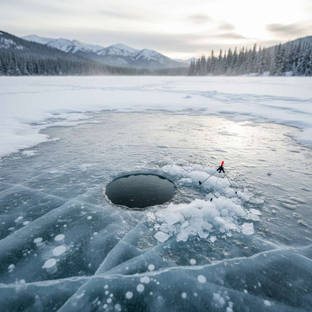 Closeup of an ice fishing hole on a winter lake