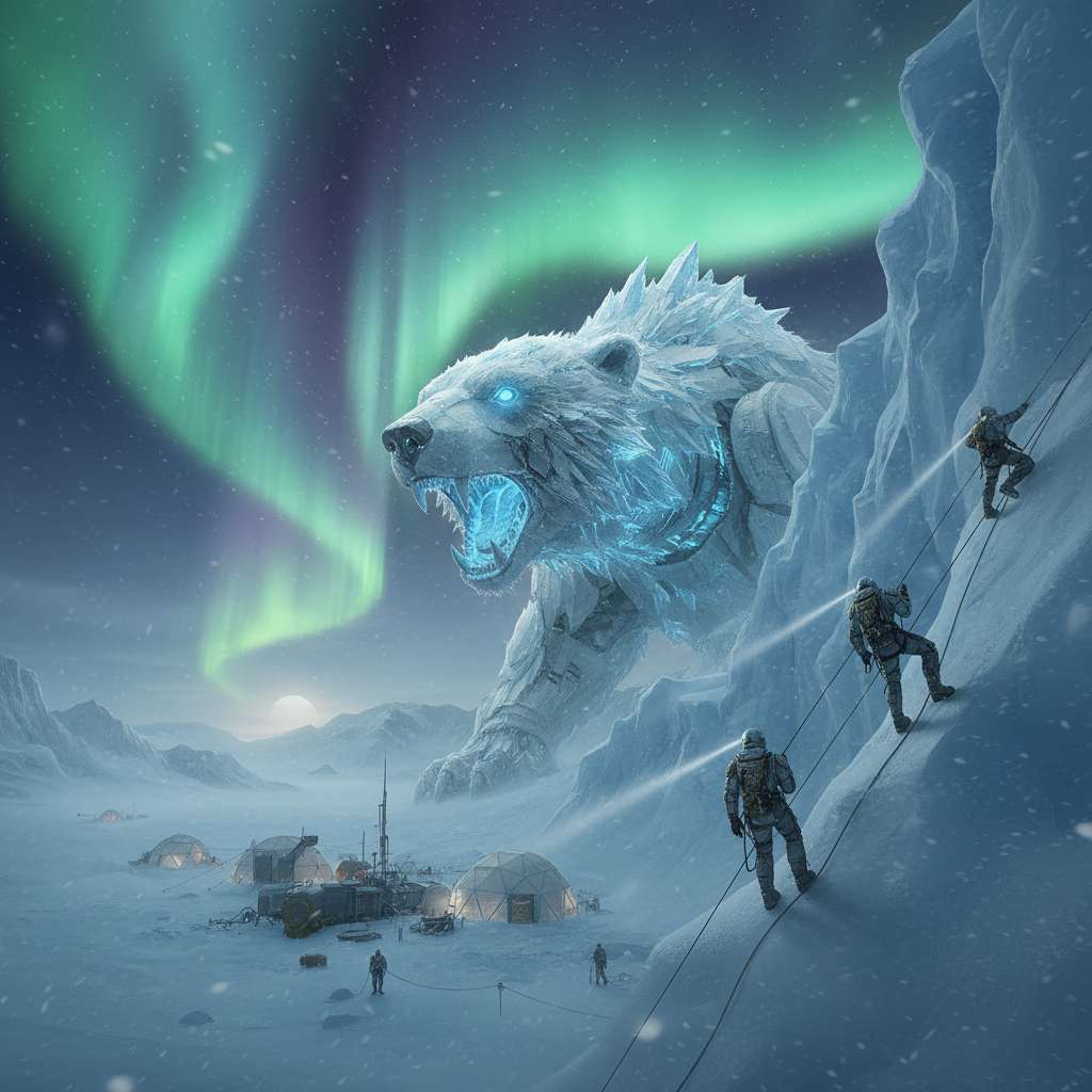 Digital concept art for Arctic Bite game showing fishing hut and icy lake