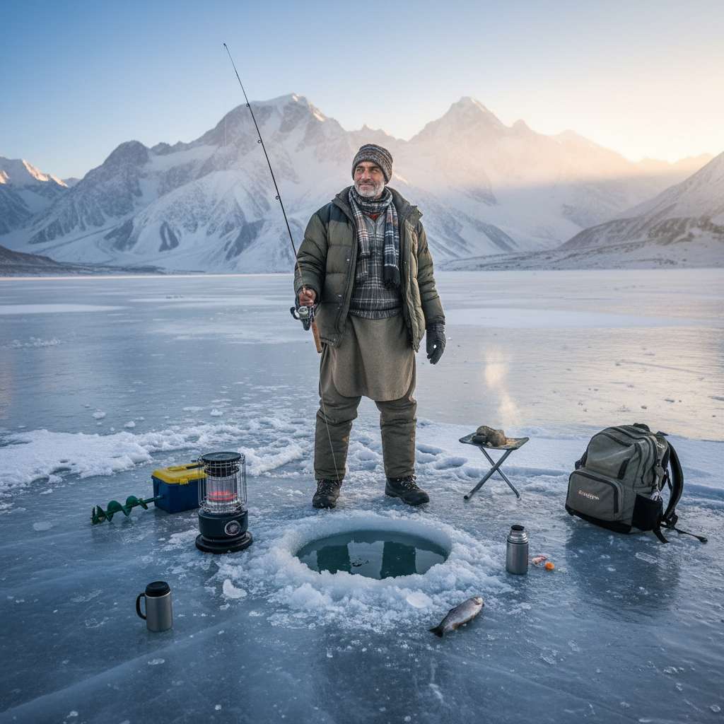 Angler ice fishing on a Pakistani frozen lake at sunrise