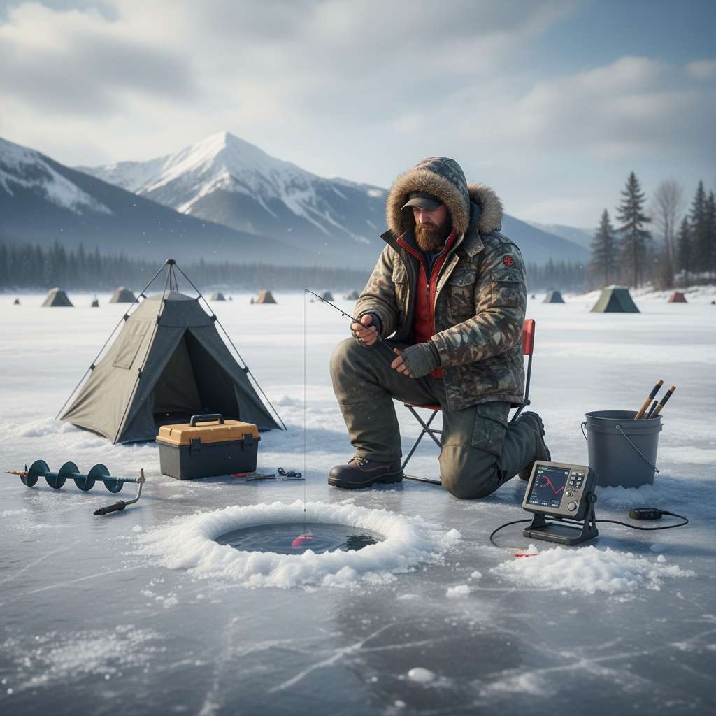 In-game screenshot showing ice fishing adventure on a frozen Pakistani lake