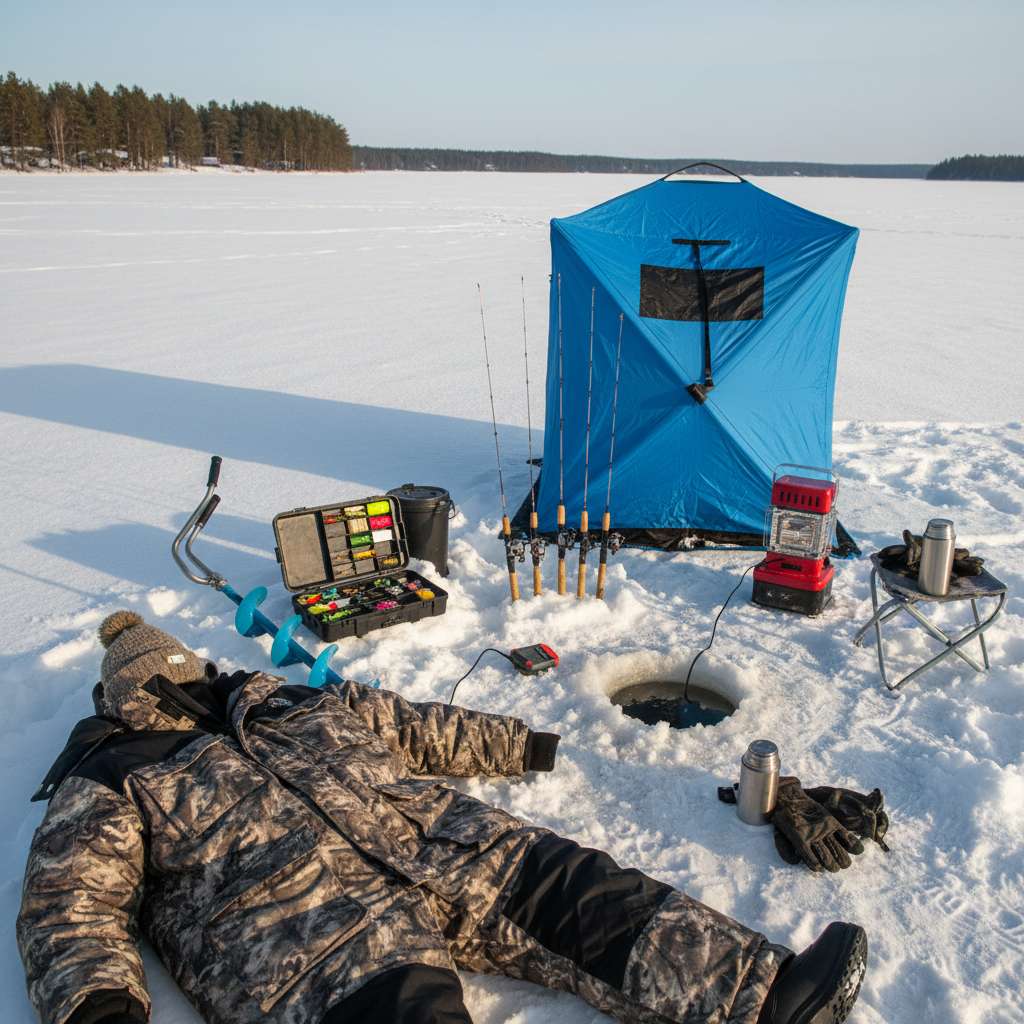 Close-up of ice fishing gear used in-game
