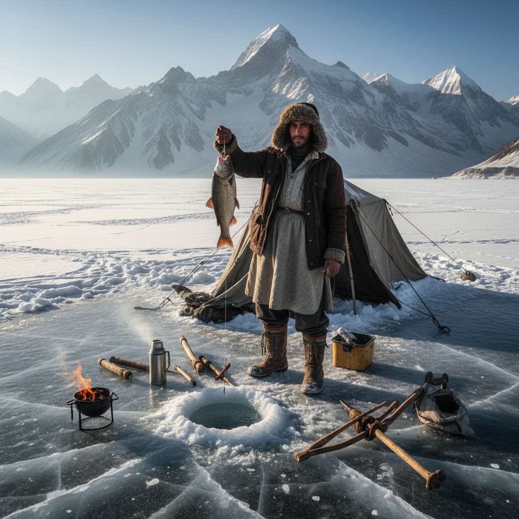 Snowy Pakistani lake surrounded by mountains, inspiring the game