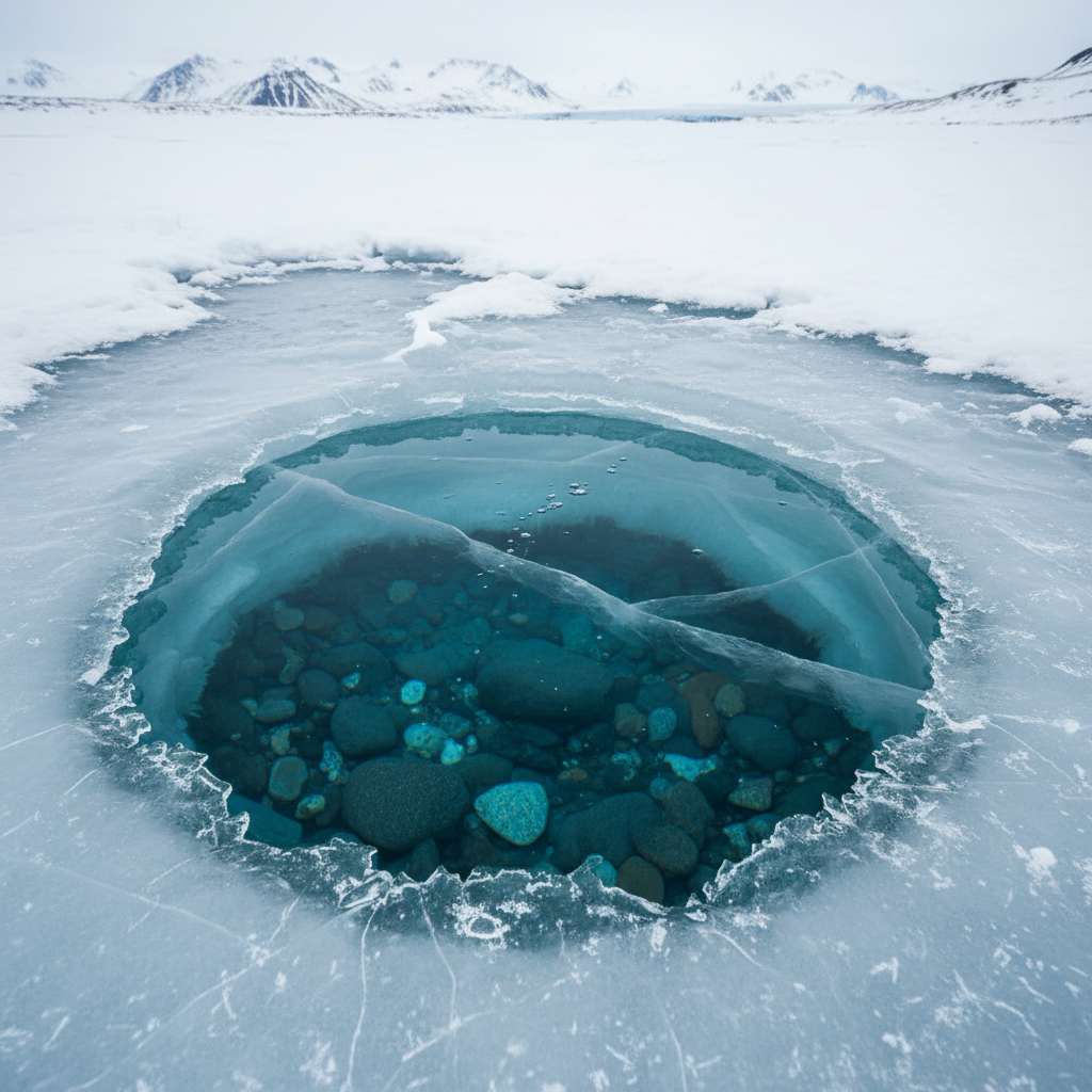 Closeup of an icy fishing hole on a frozen lake