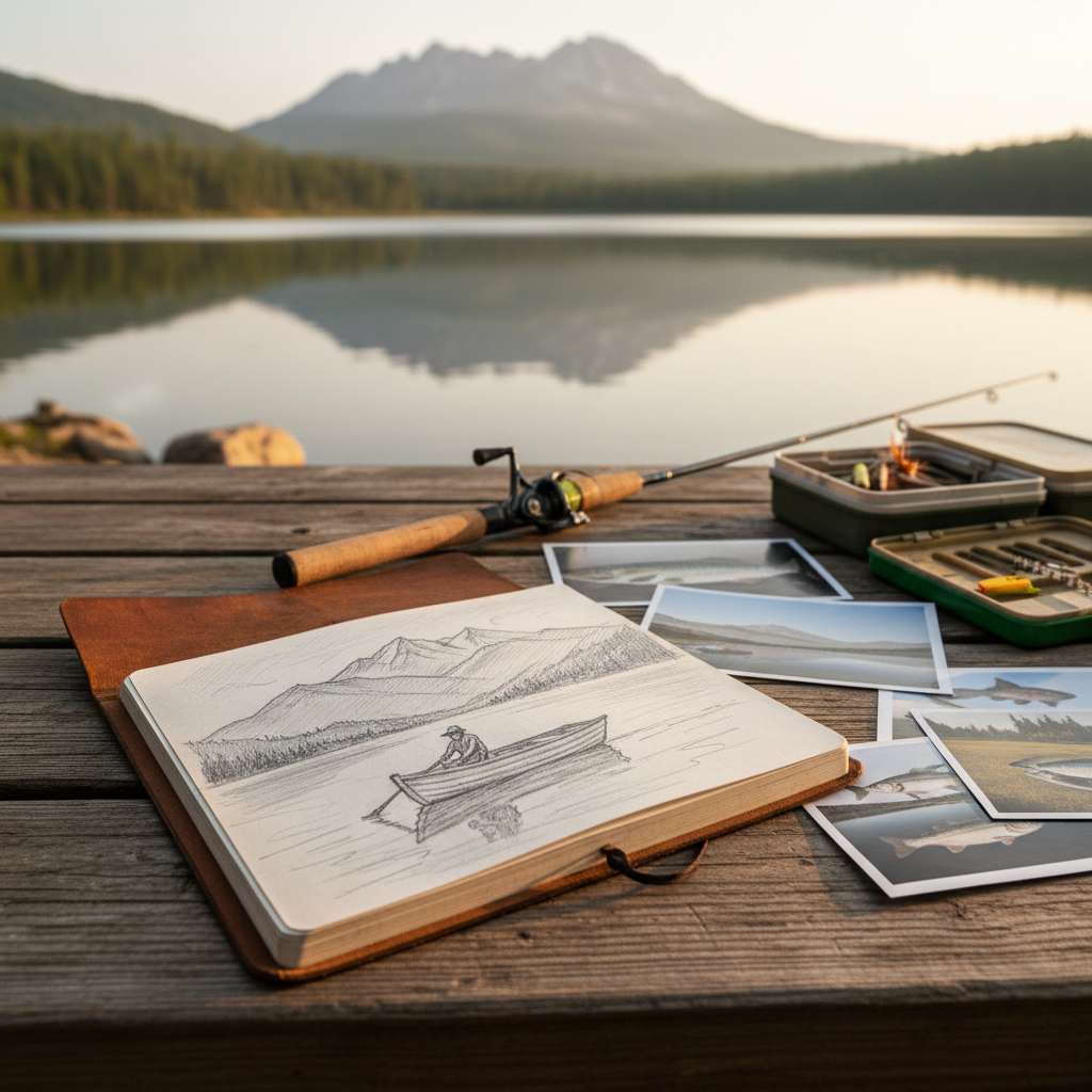 Hand-drawn sketches and photos used as lake references for the game