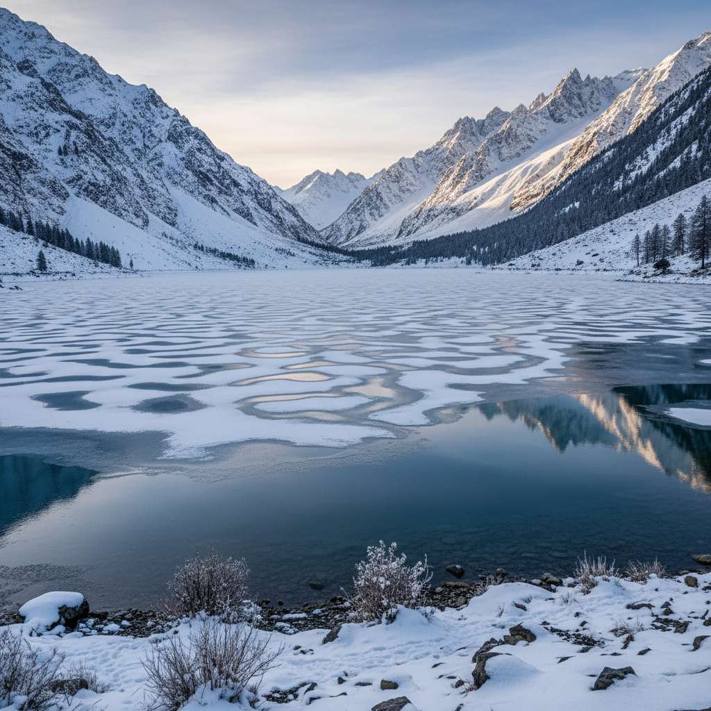 Vast frozen lake in Pakistan with mountains in the background